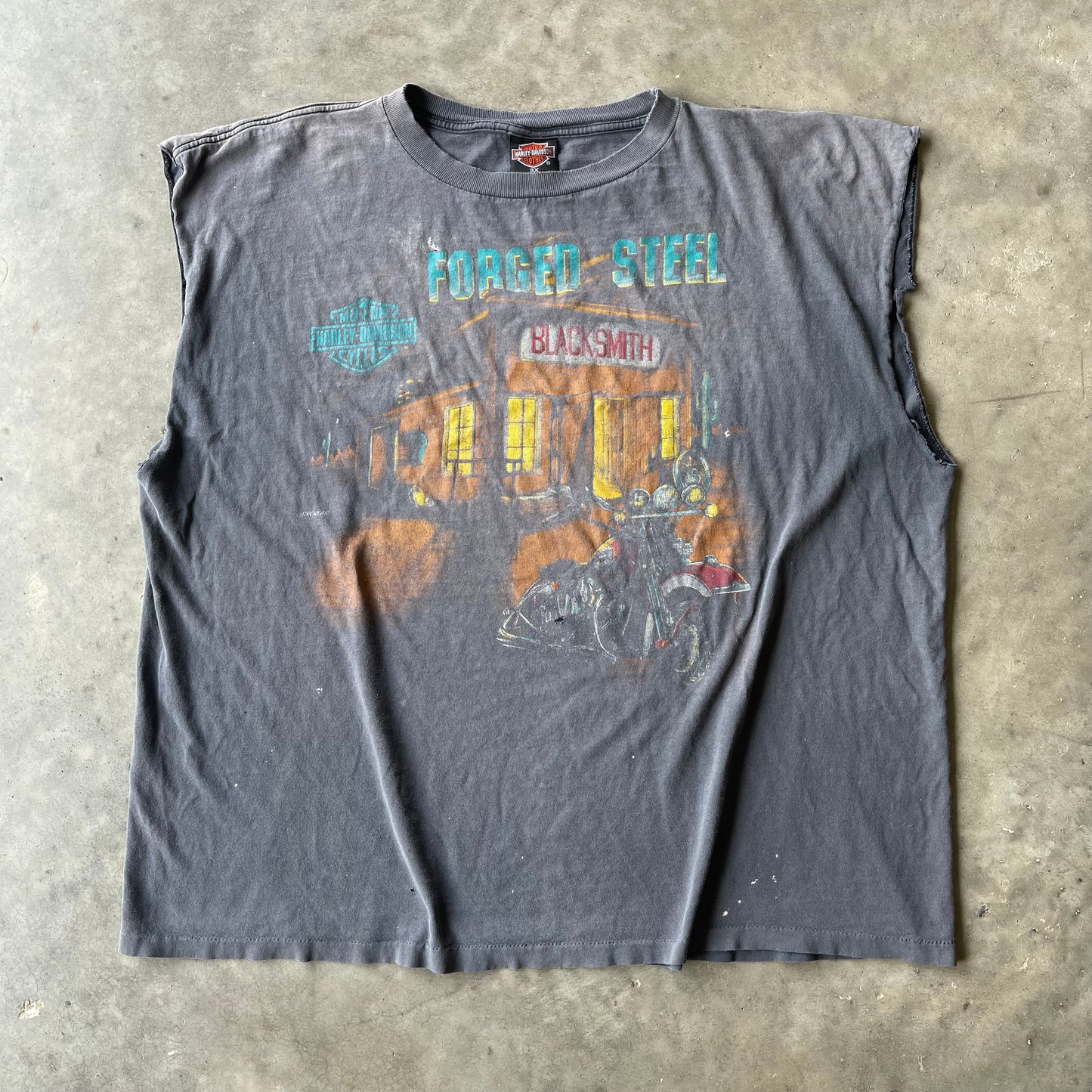 (2XL/3XL) 80s-90s Harley Davidson "Forged Steel" Thrashed Tank Tee