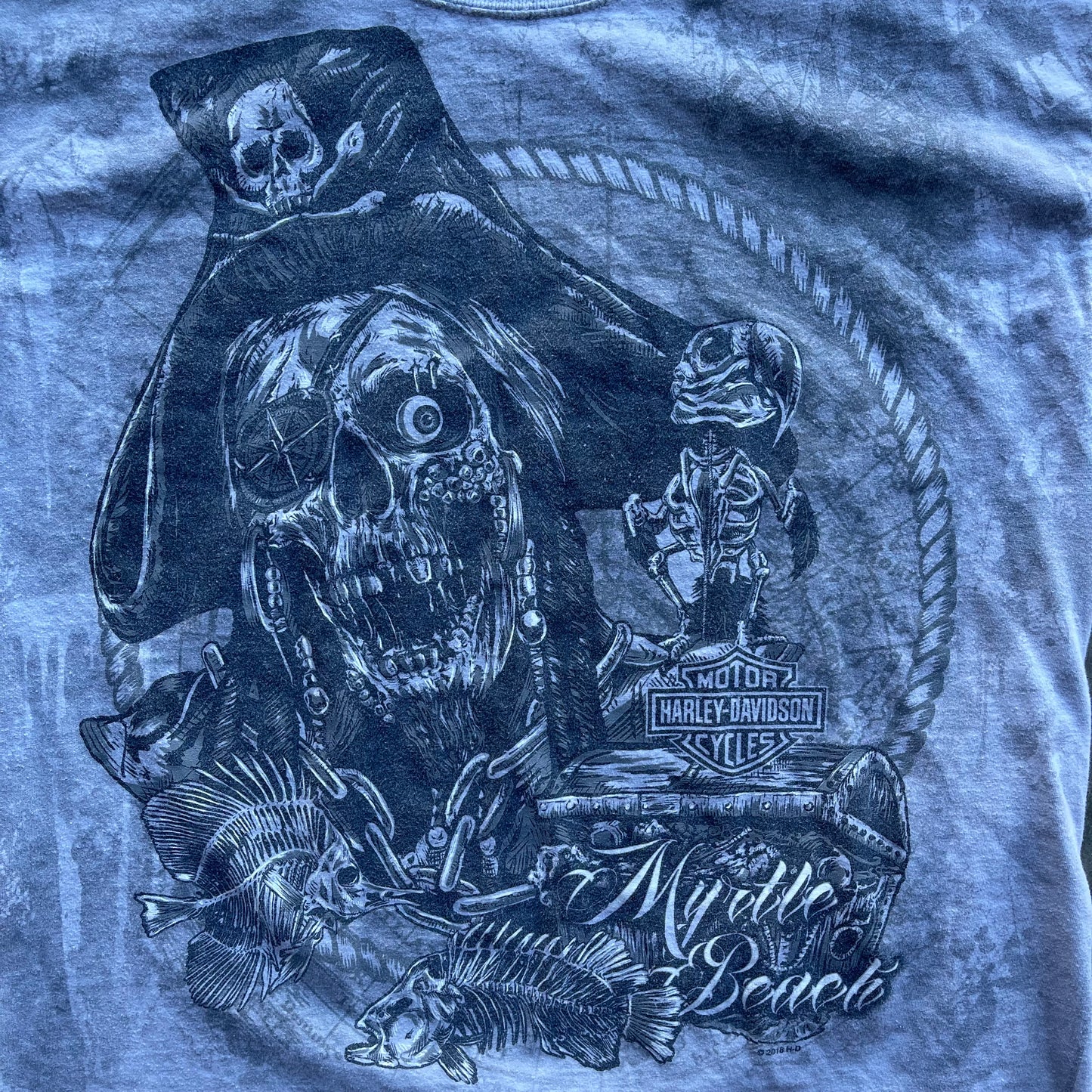 (M) Harley Davidson Skeleton Pirate Myrtle Beach All Over Print Tee