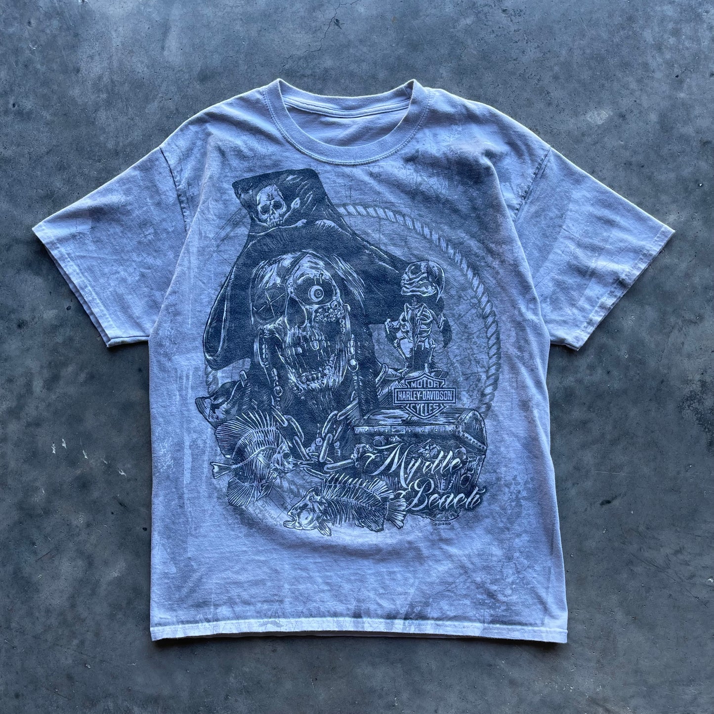 (M) Harley Davidson Skeleton Pirate Myrtle Beach All Over Print Tee