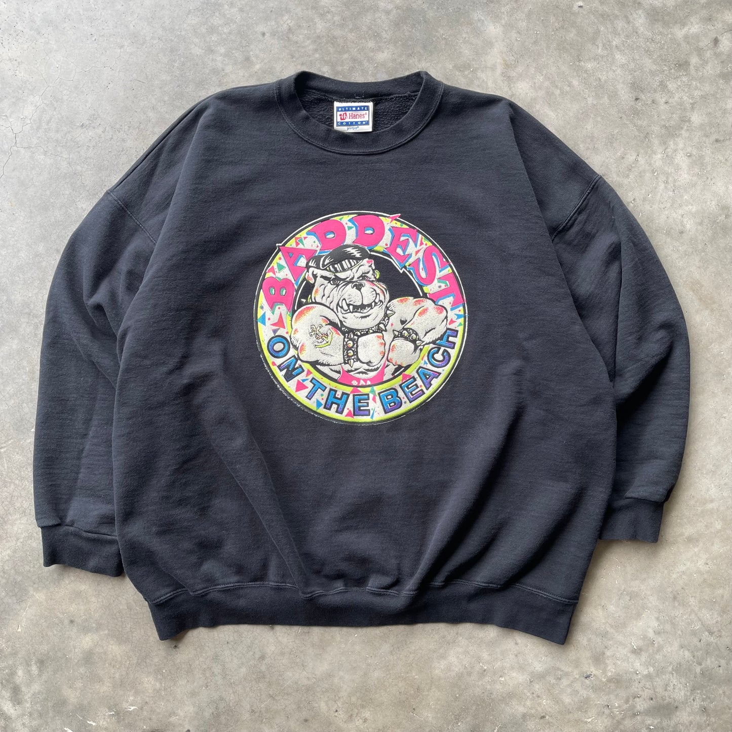 (2XL) 1990 “Baddest On the Beach” Bulldog Puff Print Gym Crewneck