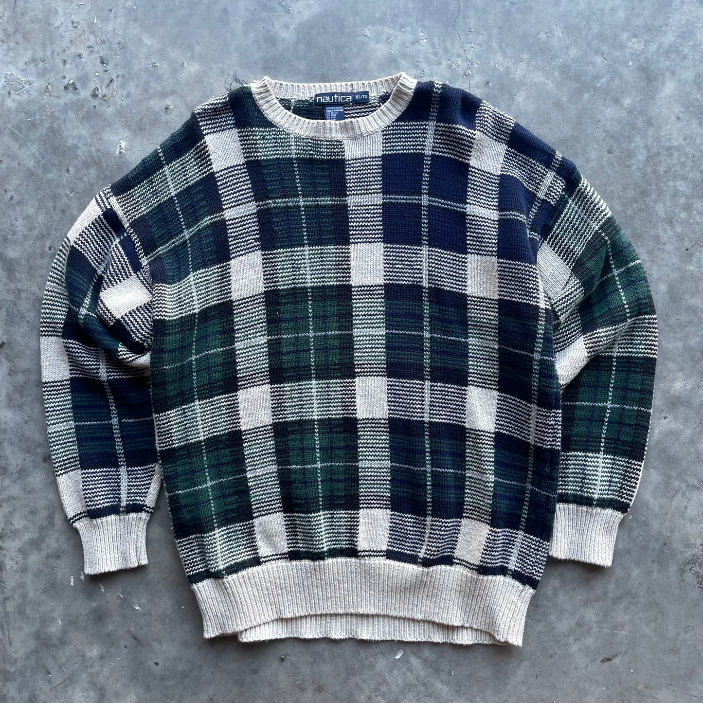 (L) Vintage Nautica Plaid Knitted Crewneck Sweater