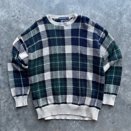 (L) Vintage Nautica Plaid Knitted Crewneck Sweater