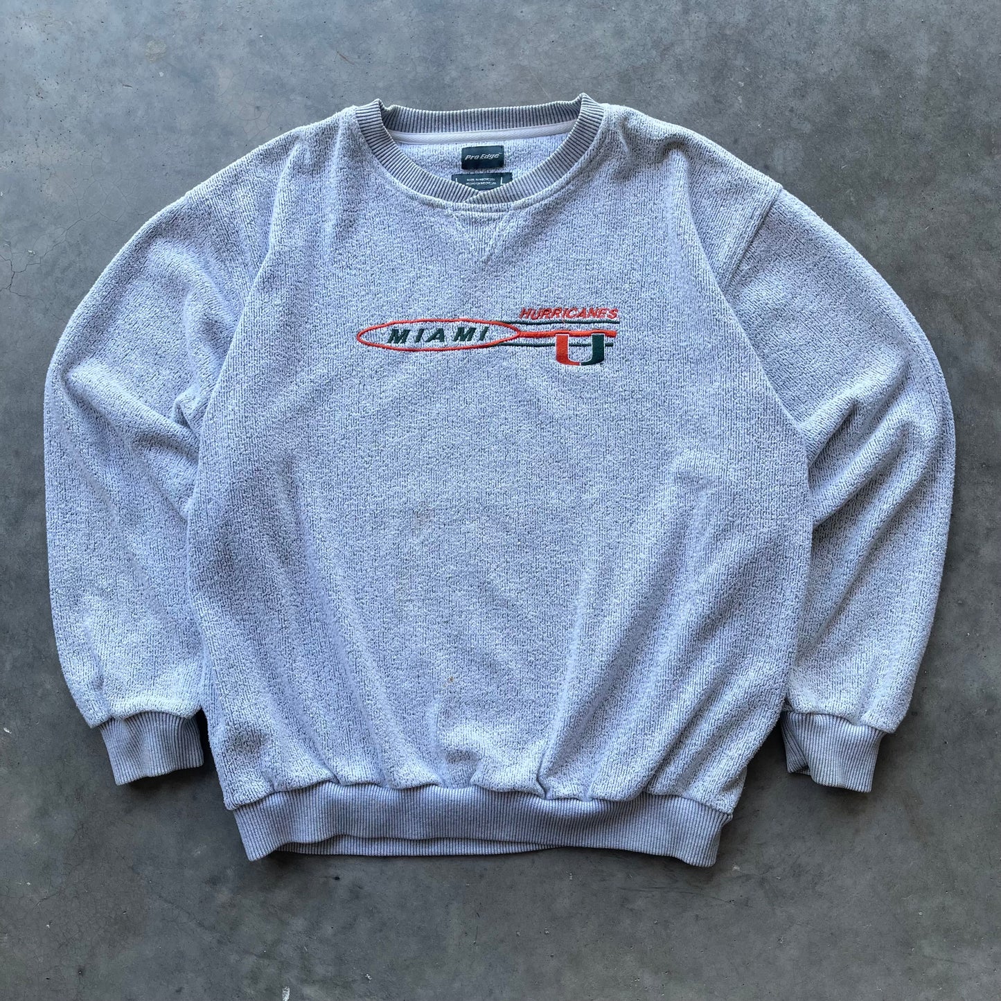 (L) 00s University of Miami Hurricanes Embroidered Pro Edge Crewneck