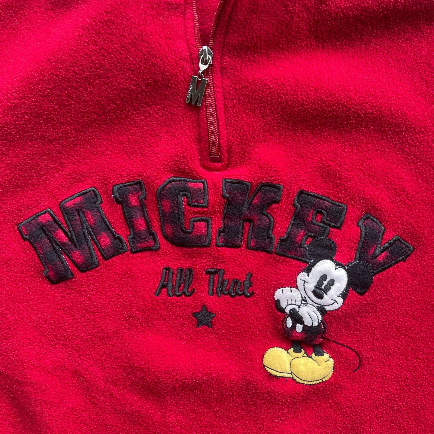 (L/XL) 90s Mickey Mouse Embroidered Fleece Quarter Zip Sweater