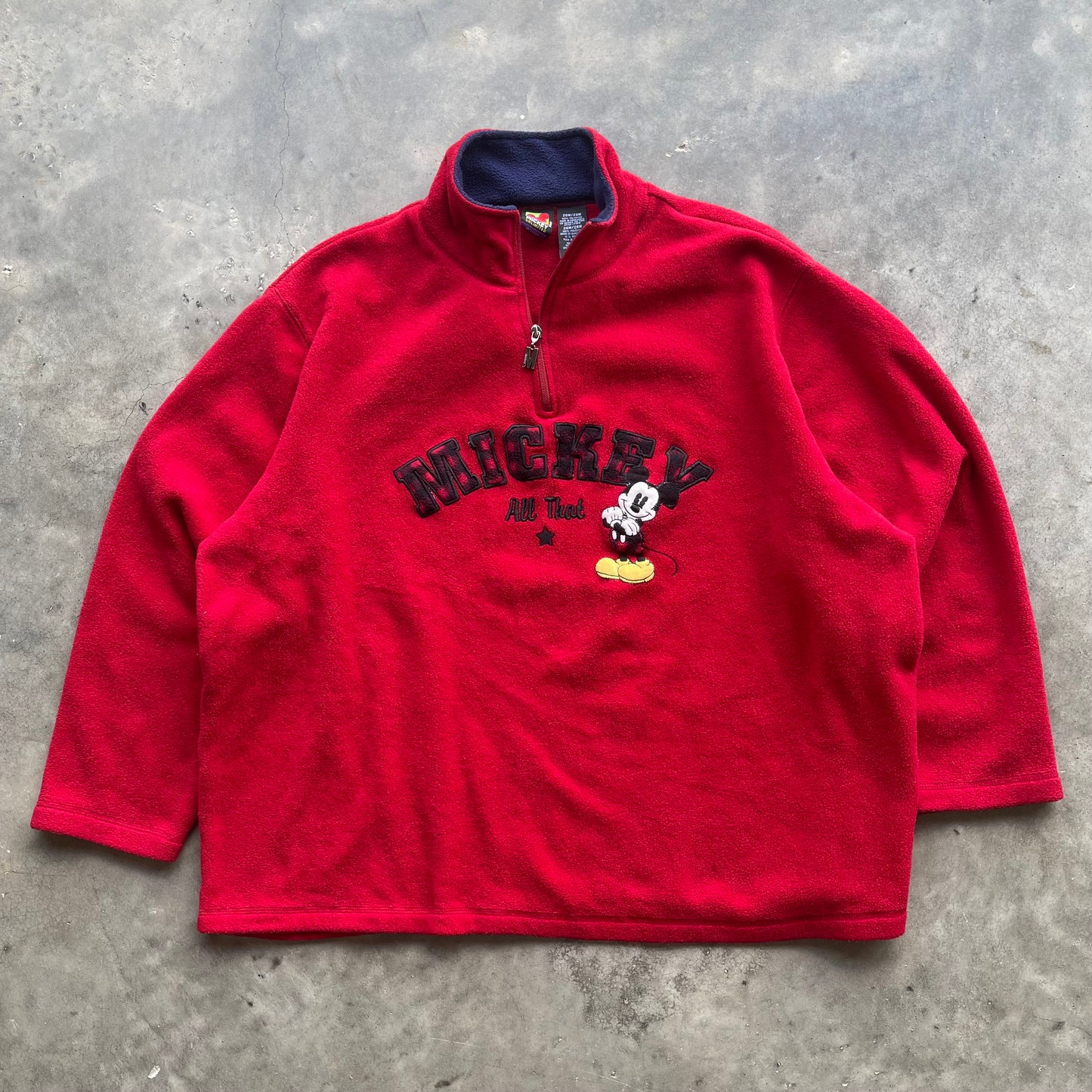 (L/XL) 90s Mickey Mouse Embroidered Fleece Quarter Zip Sweater