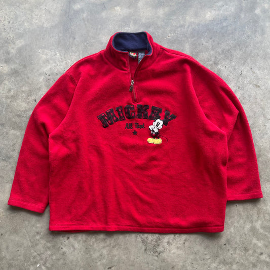 (L/XL) 90s Mickey Mouse Embroidered Fleece Quarter Zip Sweater
