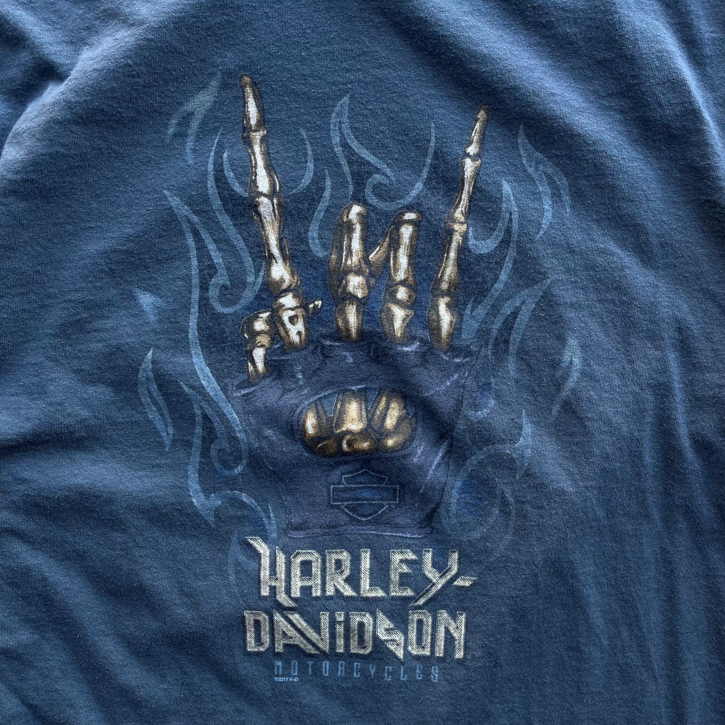 (L/XL) Harley Davidson Rock n' Roll Skeleton Hand Long Sleeve Tee