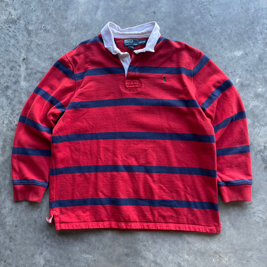 (2XL) Vintage Polo Ralph Lauren Red Striped Rugby Long Sleeve