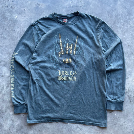 (L/XL) Harley Davidson Rock n' Roll Skeleton Hand Long Sleeve Tee