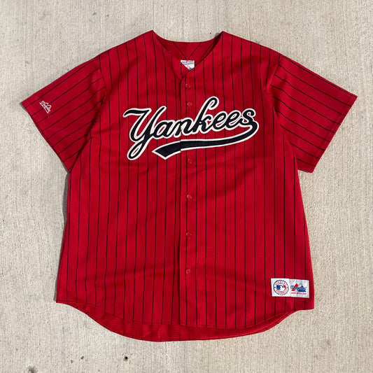 (2XL) 00s New York Yankees Red Pinstripe Baseball Jersey